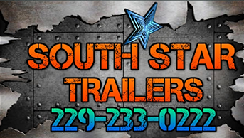 The image is a promotional graphic for the South Star Trailers, featuring a metal texture background with the text  SOUTH STAR TRAILERS  prominently displayed in bold letters.